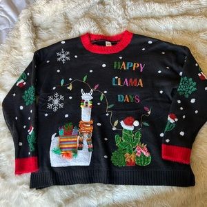 HOLIDAY TIME Happy Llama Days Ugly Sweater XL Women’s Black Green Red Yellow